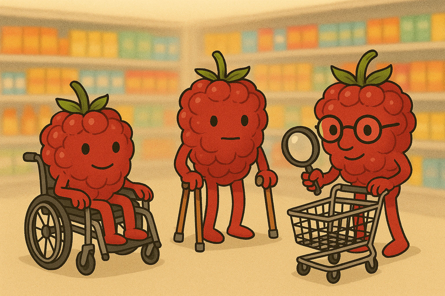 In einem Einkaufsladen stehen drei Himbeeren mit menschlichen Zügen. Die linke sitzt in einem Rollstuhl, die in der Mitte wird durch Gehstöcke gestützt und die rechts im Bild schaut durch eine Lupe.