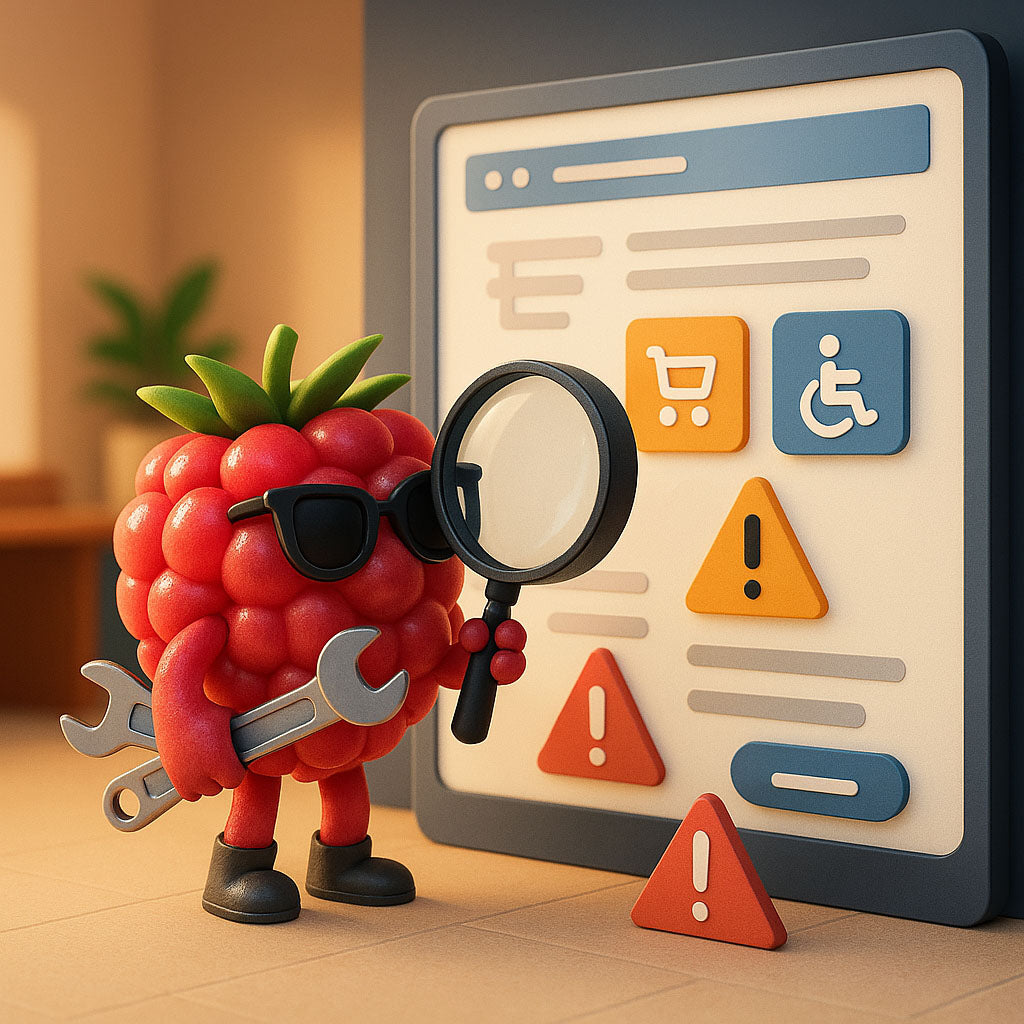 Stilisierte Himbeerfigur mit Sonnenbrille und Werkzeug vor Bildschirm mit Einkaufswagen, Barrierefreiheitssymbol und Warnhinweisen